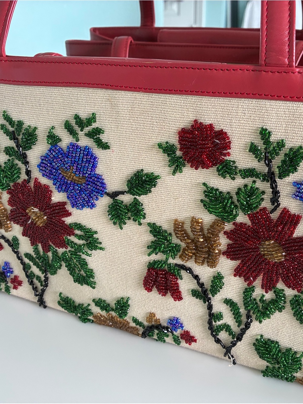Nicole Miller Beaded Floral Canvas Tote Satchal with Red Leather Trim
